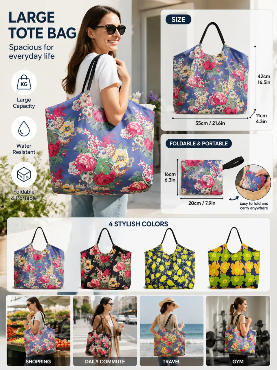 Floral Foldable Tote product overview